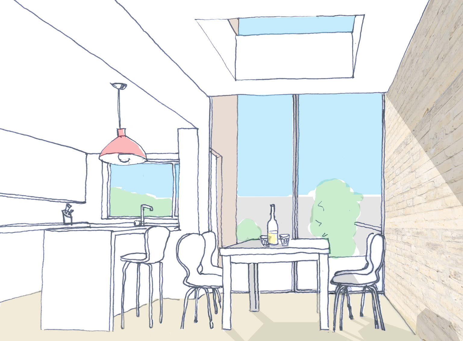 internal perspective drawing single storey side return extension with flat roof light and oversized glazed sliding doors