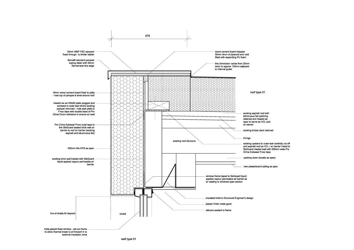 construction detail of window head and wall to roof junction for PassivHaus retrofit project to EnerPHit standards